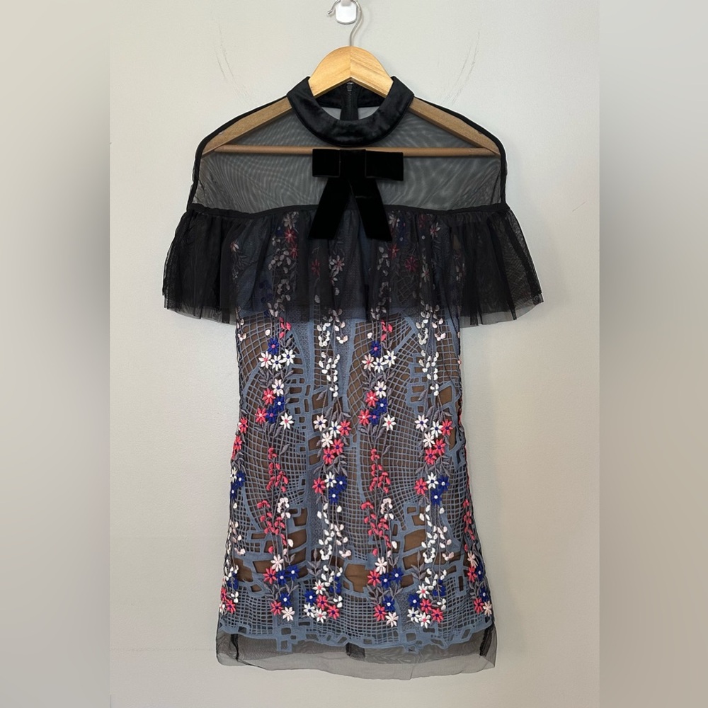 Sheer Black Floral Embroidered Mini Dress with Velvet Bow